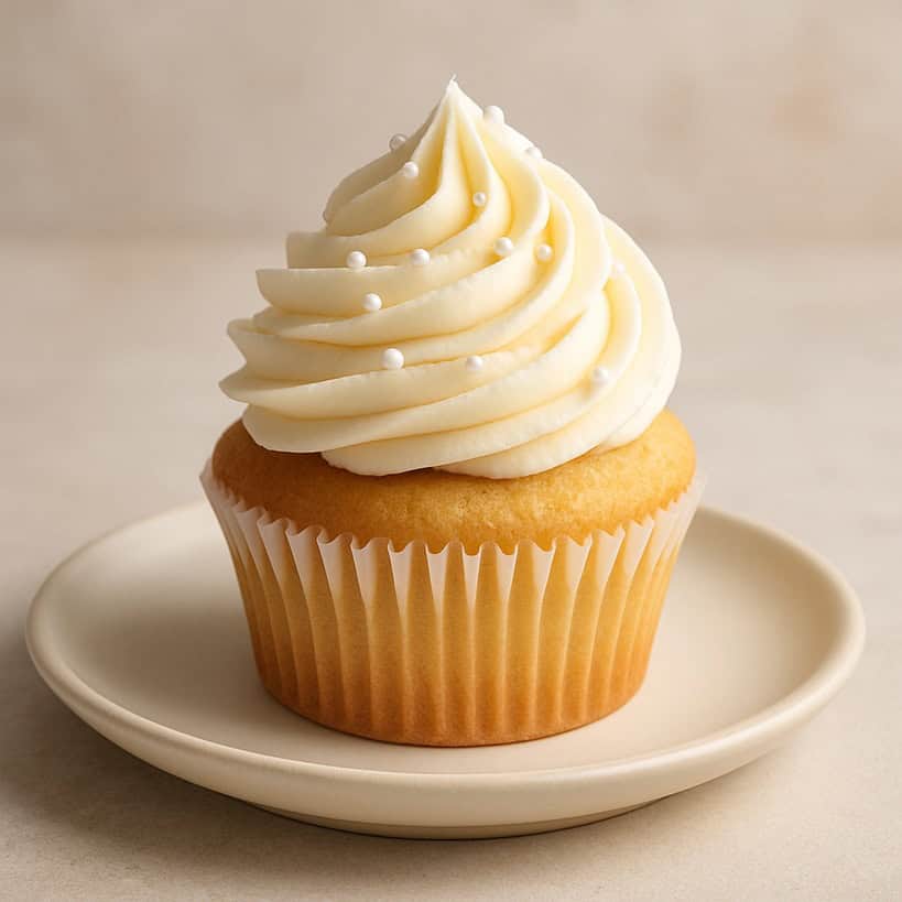 Cupcake dorato alla vaniglia decorato con ciuffo di crema al burro e perline bianche