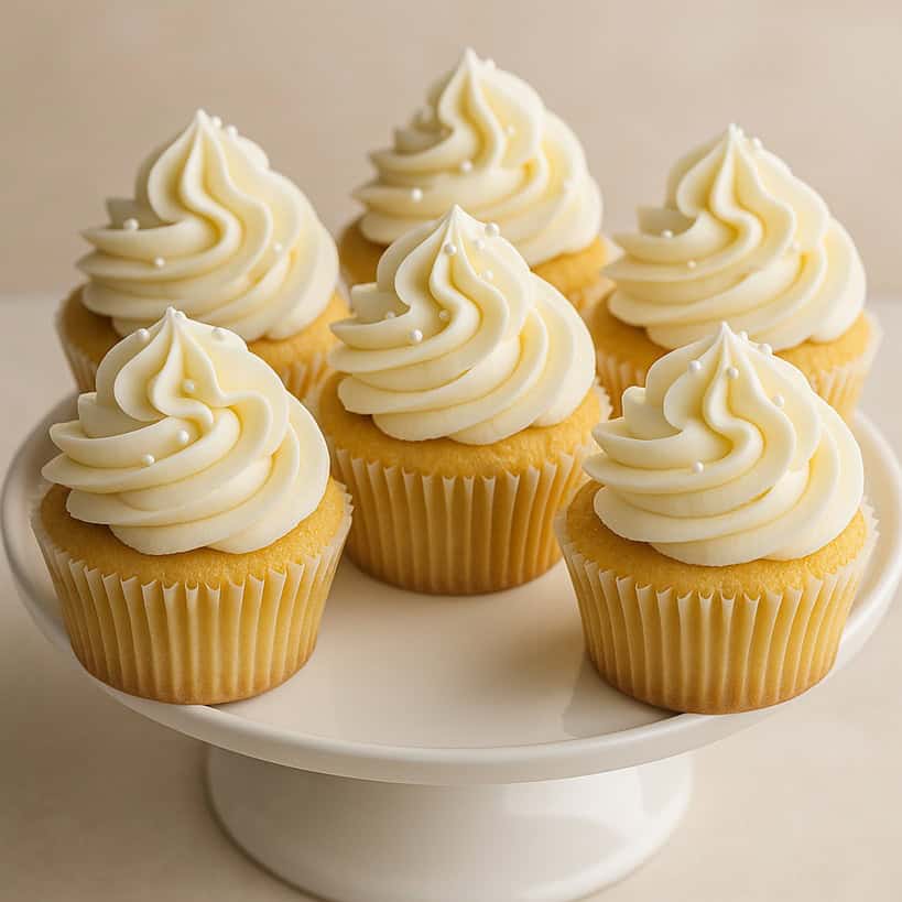 Sei cupcake dorati alla vaniglia disposti su un’alzatina bianca in ceramica