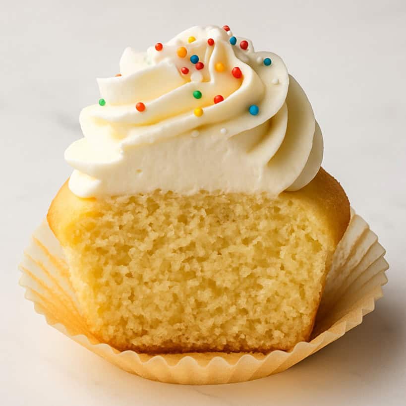 Cupcake soffice con frosting e interno umido visto in sezione