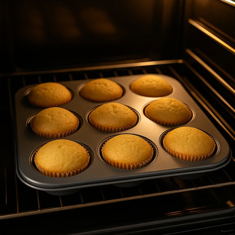 Nove cupcake alla vaniglia in uno stampo da forno mentre cuociono su griglia centrale