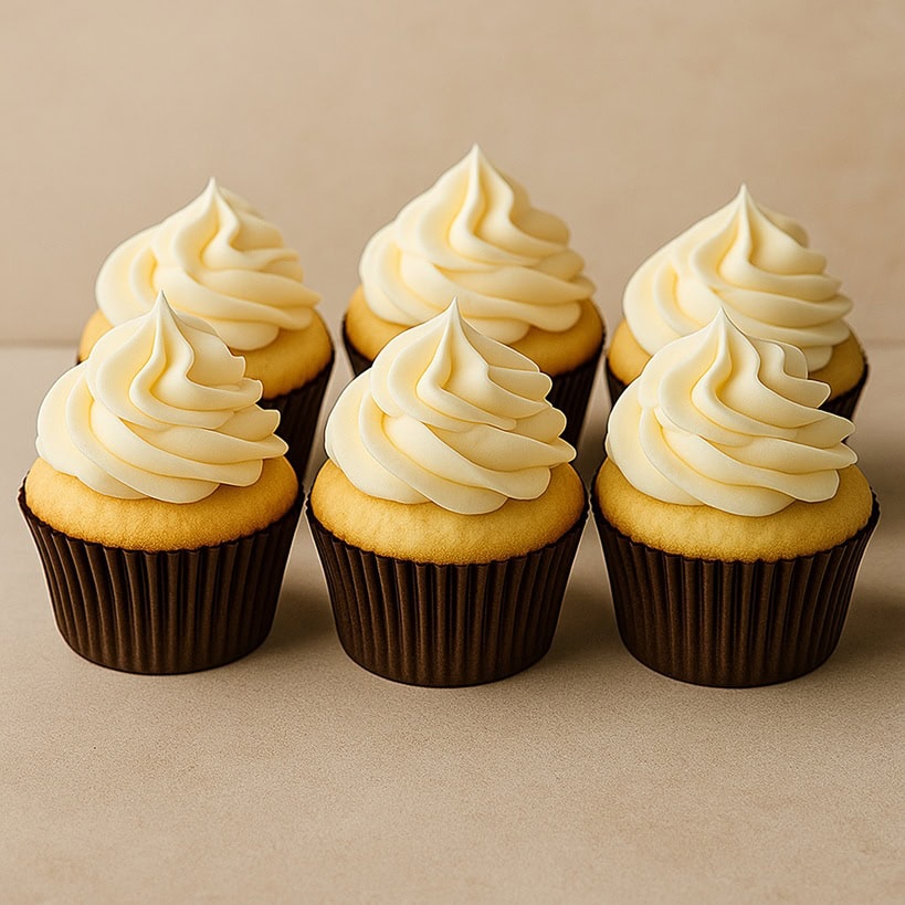Sei cupcake decorati con frosting classico alla vaniglia su sfondo chiaro sfocato