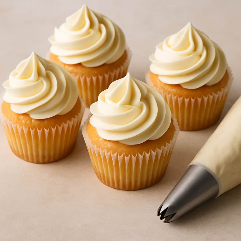 Cupcake alla vaniglia decorati con ciuffo classico di frosting alla vaniglia