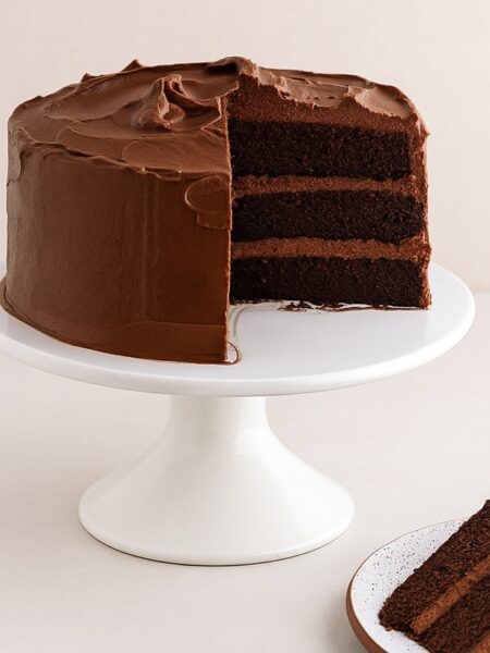 Devil’s Food Cake a tre strati con una fetta tagliata su alzata bianca