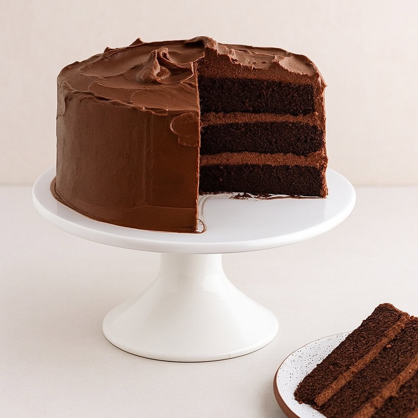 Devil’s Food Cake a tre strati con una fetta tagliata su alzata bianca