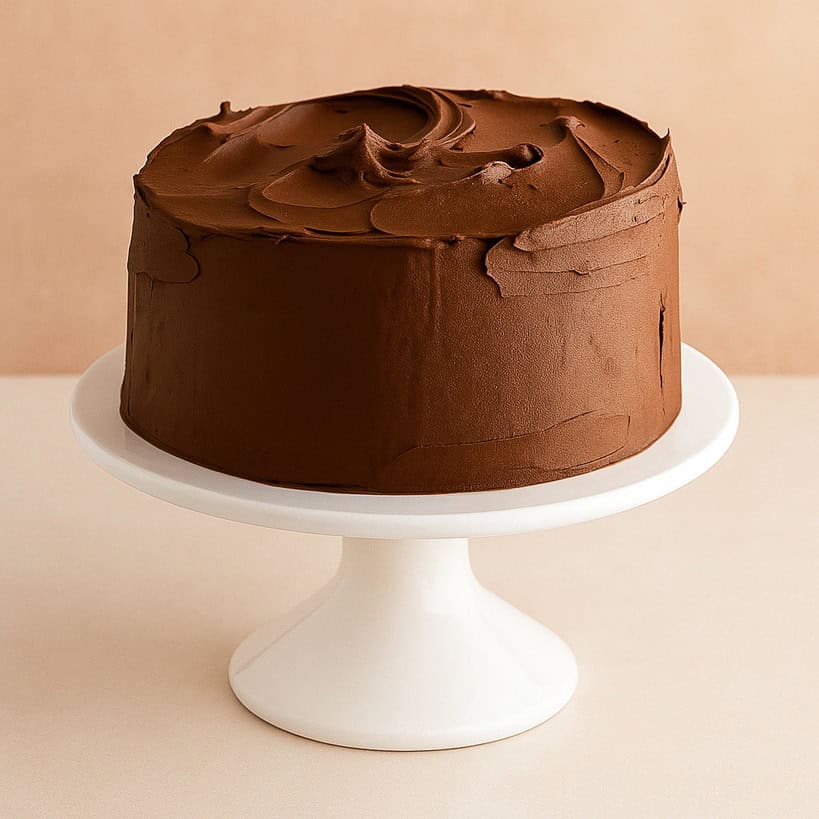 Devil’s Food Cake su alzata bianca con sfondo color beige caldo