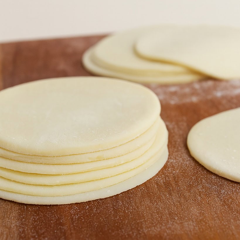 Dischi di pasta per empanadas disposti su un tagliere chiaro