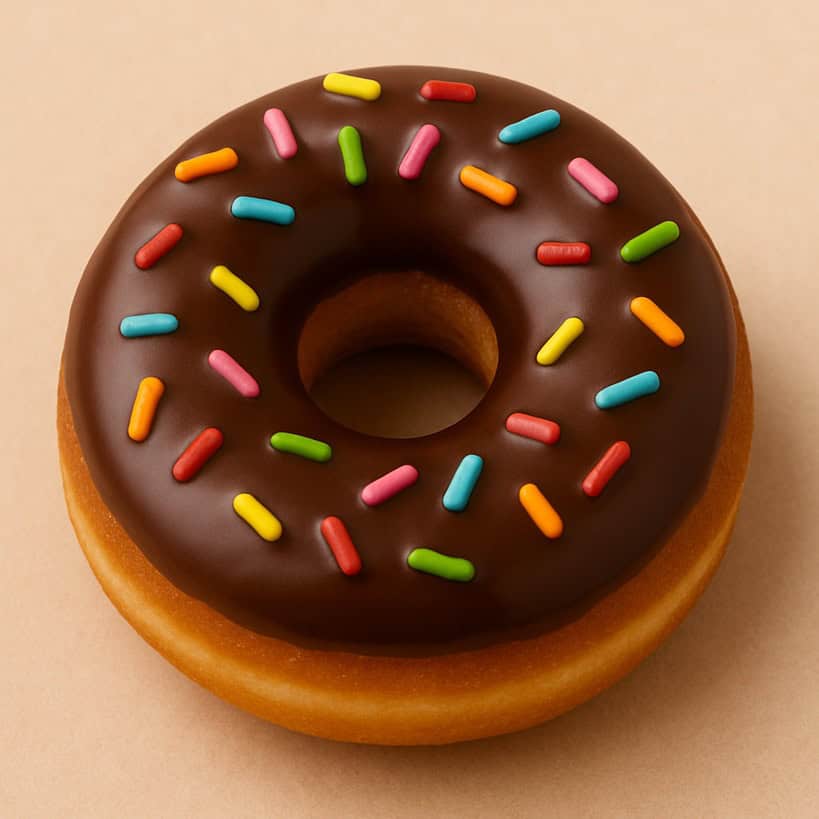 Donut singolo con glassa al cioccolato e codette colorate su sfondo beige