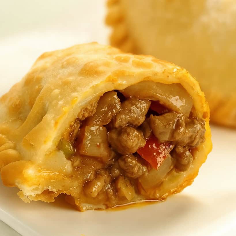 Mezzo empanada fritto con ripieno di carne, cipolla e peperoni