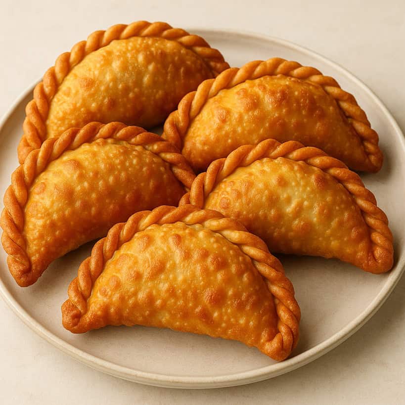 Empanadas argentine fritte su piatto chiaro con bordi intrecciati