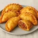 Empanadas argentine dorate su piatto grigio con una tagliata