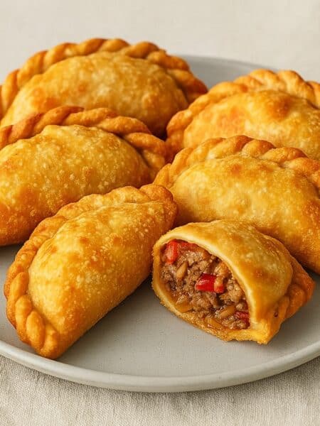 Empanadas argentine dorate su piatto grigio con una tagliata