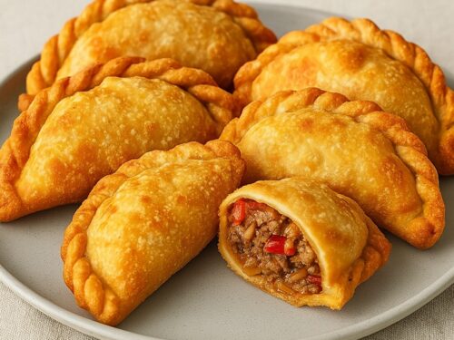 Empanadas argentine dorate su piatto grigio con una tagliata
