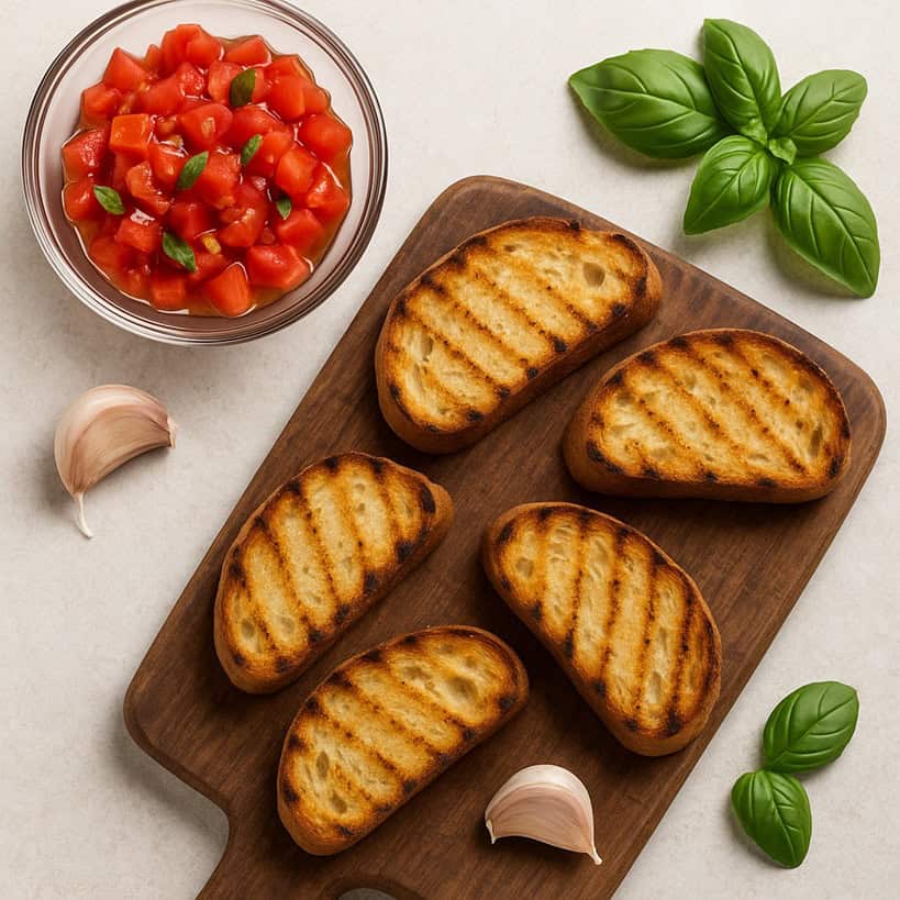 Bruschette al pomodoro fresco durante la preparazione