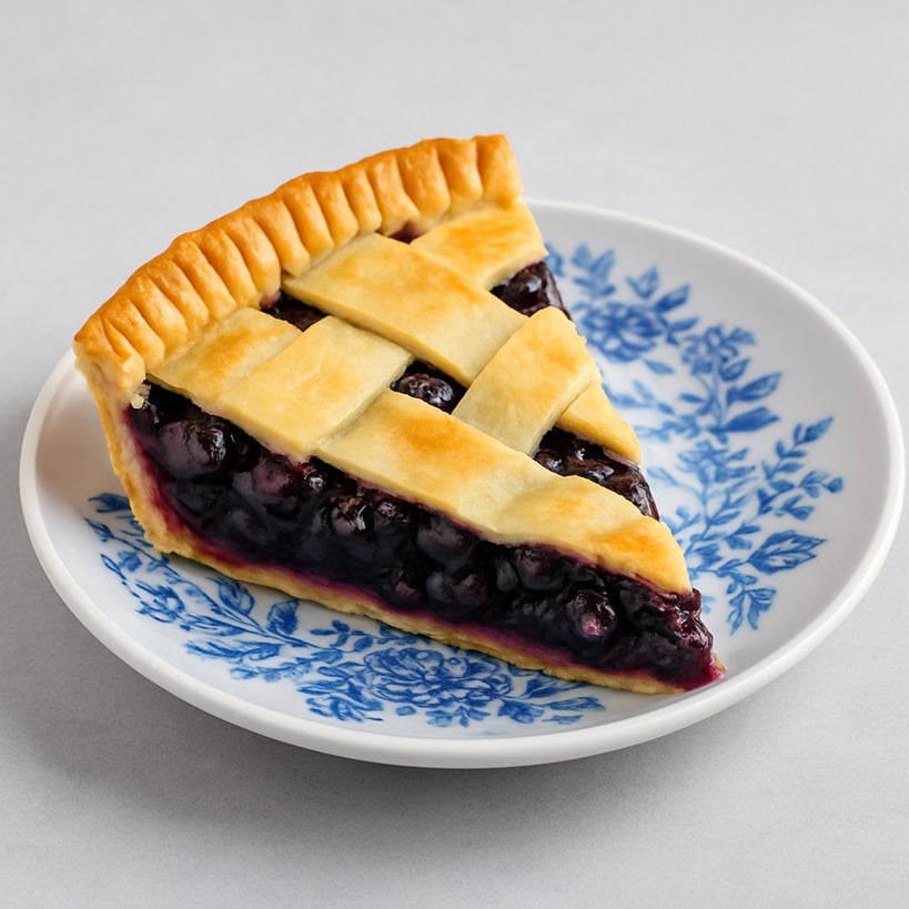 Fetta triangolare di Blueberry Pie con mirtilli compatti e crosta dorata su piatto chiaro