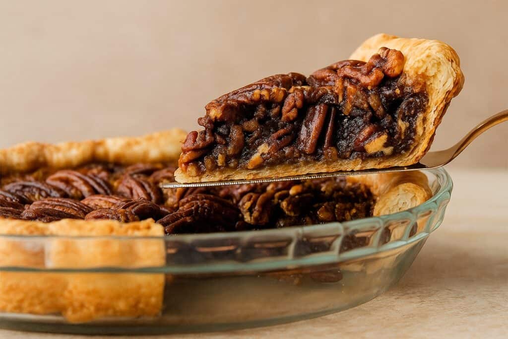 Fetta di Pecan Pie ricca e caramellata su sfondo beige