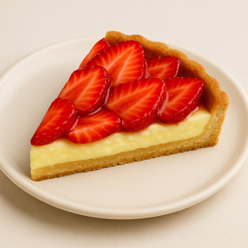 Fetta di crostata alle fragole con crema pasticcera su piattino bianco in primo piano