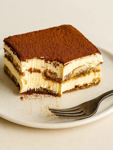 Fetta di tiramisù con strati visibili di crema e savoiardi, servita su piatto chiaro con forchetta