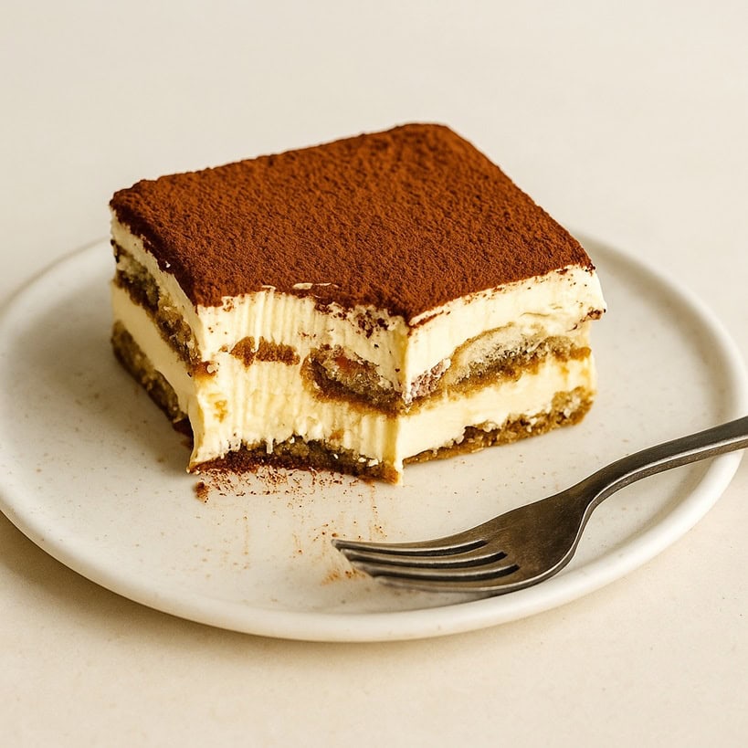 Fetta di tiramisù con strati visibili di crema e savoiardi, servita su piatto chiaro con forchetta