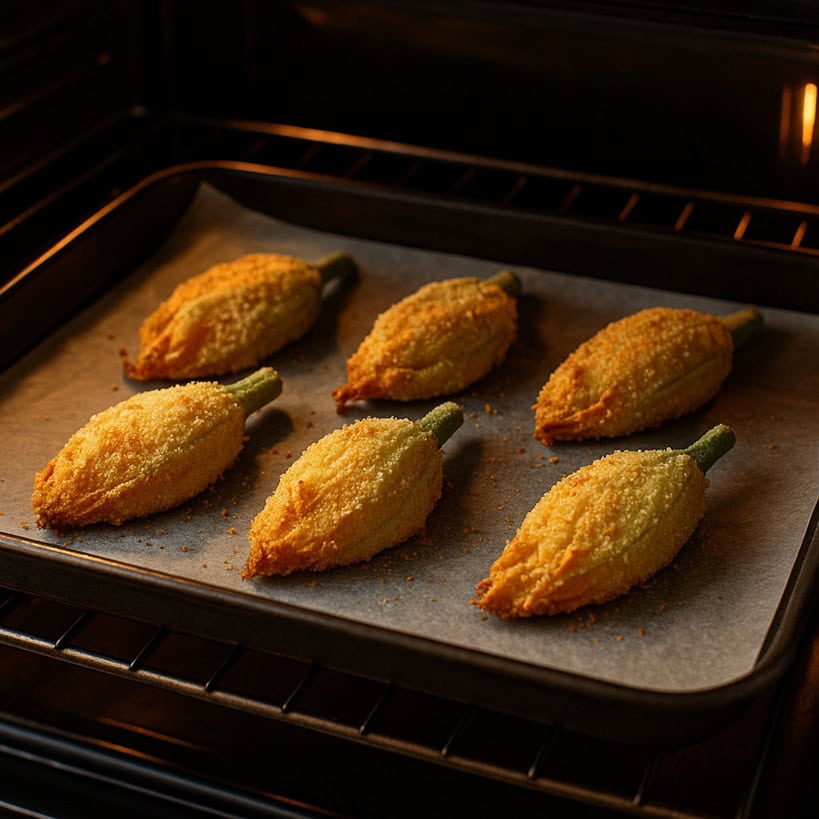 Fiori di zucca ripieni su teglia nel forno