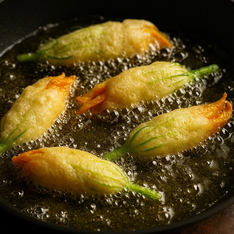 Fiori di zucca ripieni immersi in olio bollente durante la frittura