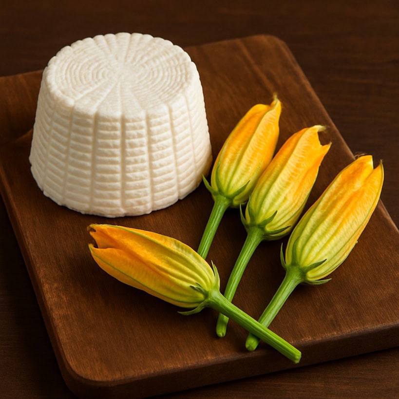 Forma di ricotta fresca accanto a fiori di zucca su tagliere rustico