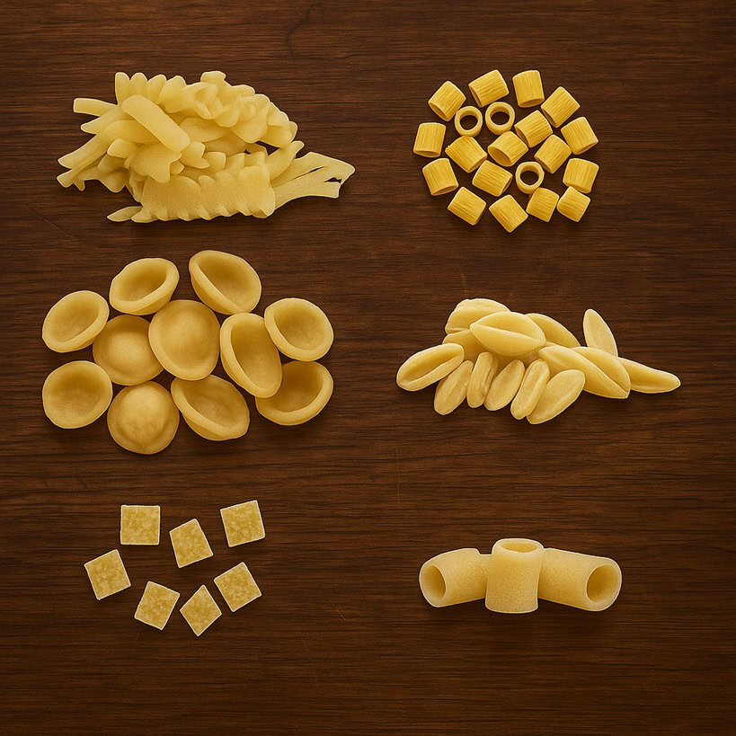 Sei tipi di pasta cruda disposti su sfondo in legno scuro: pasta mista, ditalini rigati, orecchiette, cavatelli, quadrucci e tubetti