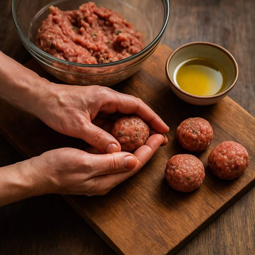 Mani che modellano polpette di carne su tagliere rustico durante la preparazione