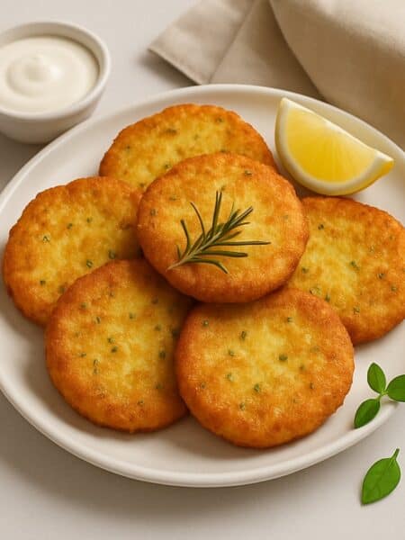 Frittelle di patate dorate su piatto con salsa, limone e rosmarino