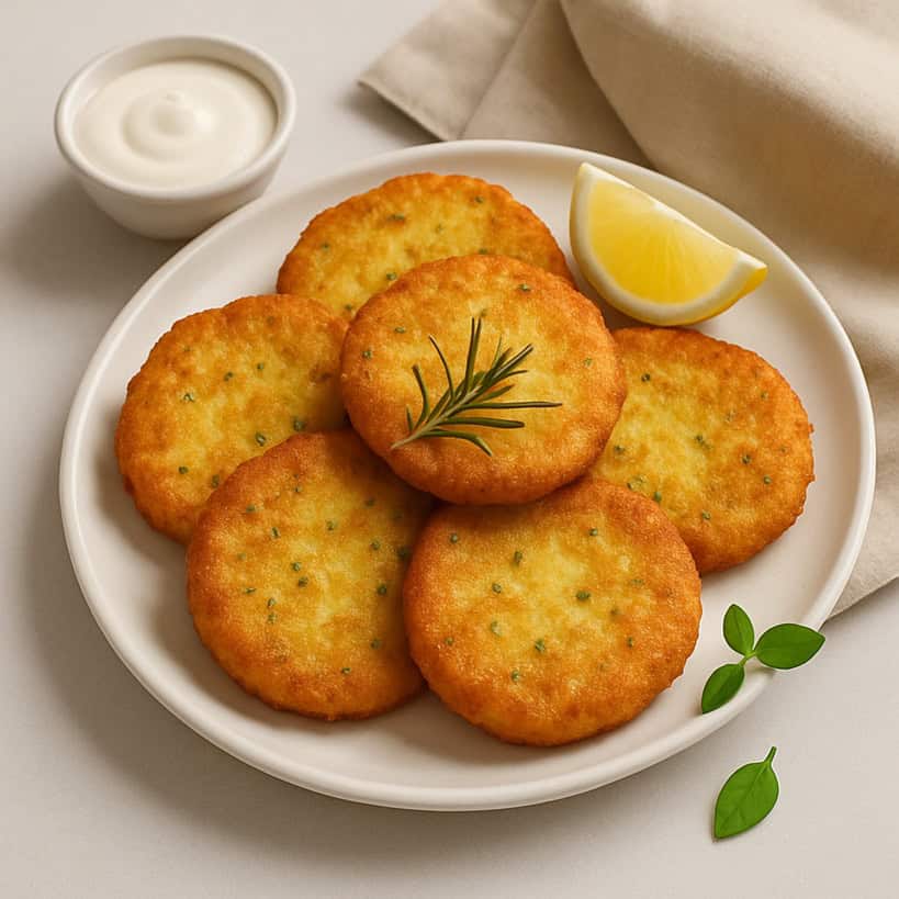 Frittelle di patate dorate su piatto con salsa, limone e rosmarino