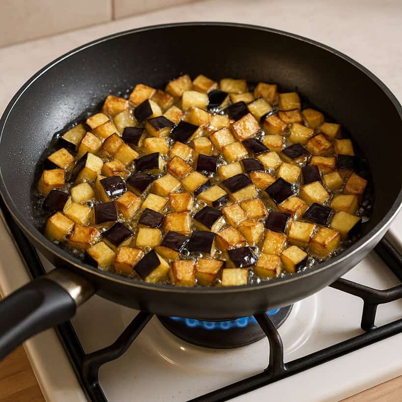 Cubetti di melanzane che friggono in padella