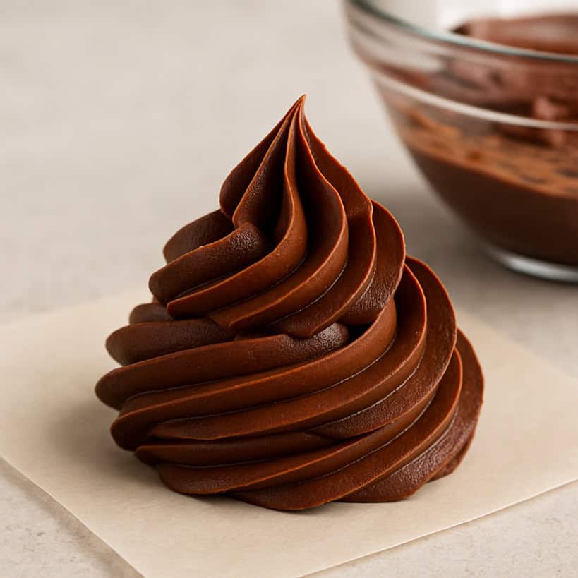 Ciuffo di frosting al cioccolato lucido su carta forno con ciotola sullo sfondo
