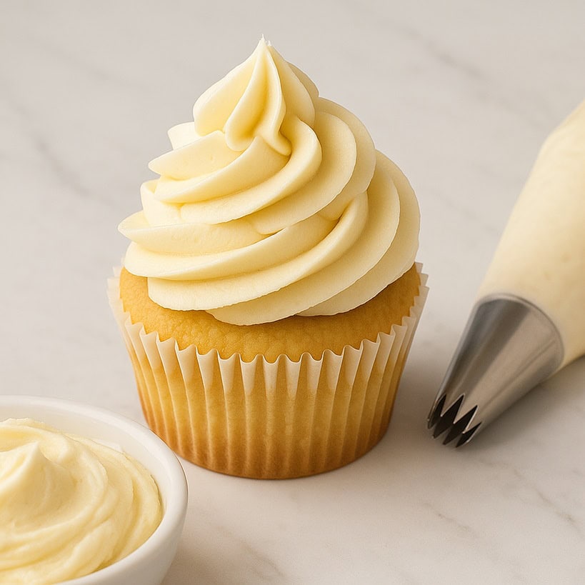 Cupcake con crema al burro montata a spirale, accanto a sac à poche e ciotola con frosting