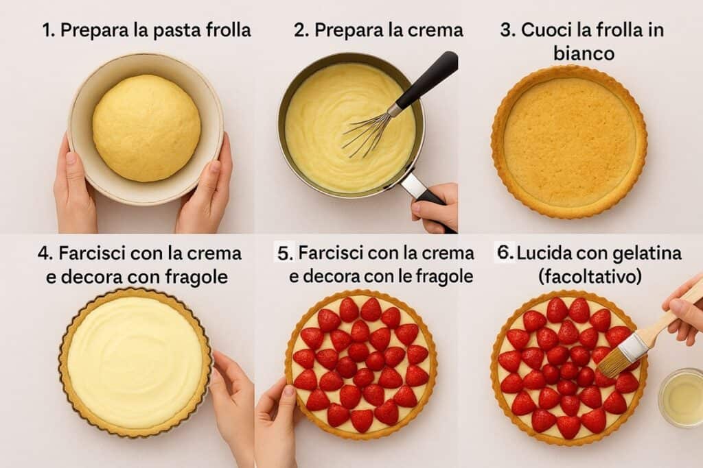 Sequenza fotografica dei passaggi per realizzare la crostata alle fragole: frolla, crema, decorazione e gelatina