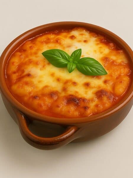 Gnocchi alla sorrentina serviti in una cocotte bianca su sfondo chiaro, con mozzarella filante e salsa di pomodoro