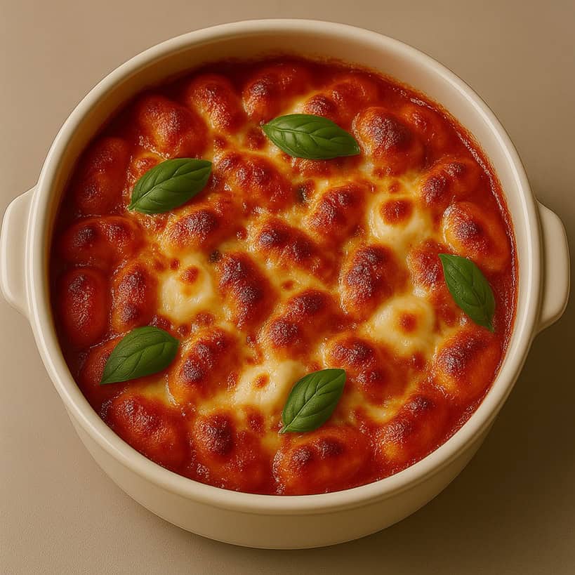 Pirofila con gnocchi alla sorrentina gratinati al forno con mozzarella fusa e basilico