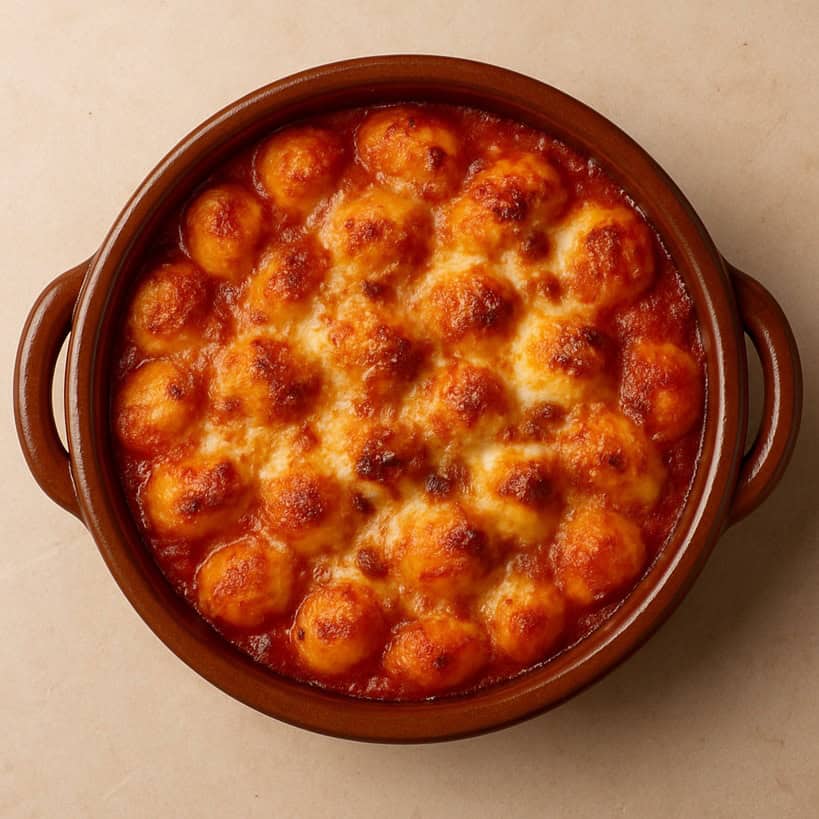 Gnocchi alla sorrentina gratinati con mozzarella fusa e crosticina dorata in coccio