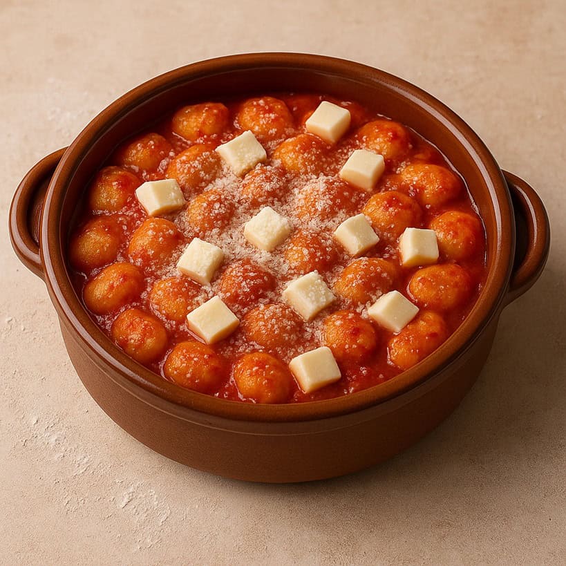 Gnocchi alla sorrentina con sugo di pomodoro e cubetti di mozzarella in coccio, pronti per il forno