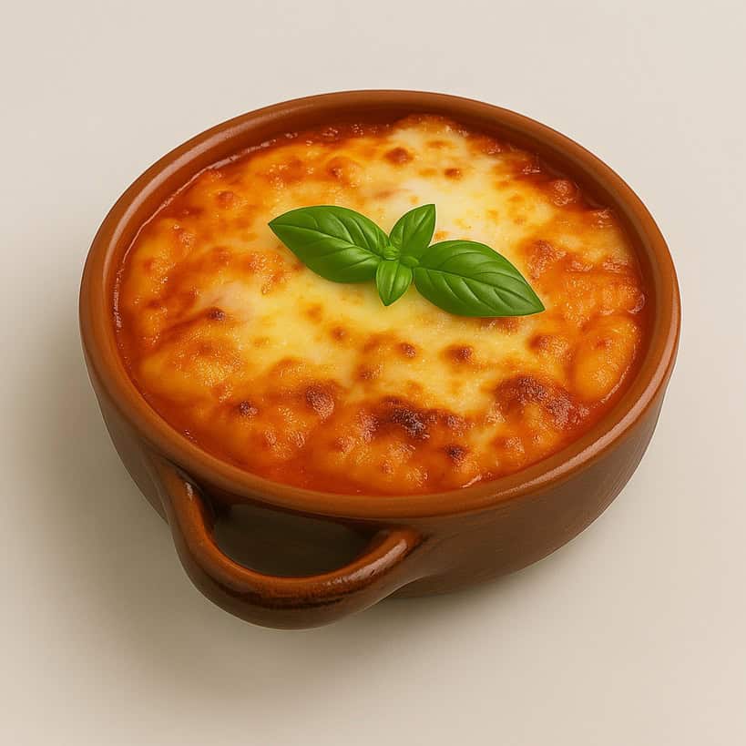 Gnocchi alla sorrentina serviti in una cocotte bianca su sfondo chiaro, con mozzarella filante e salsa di pomodoro