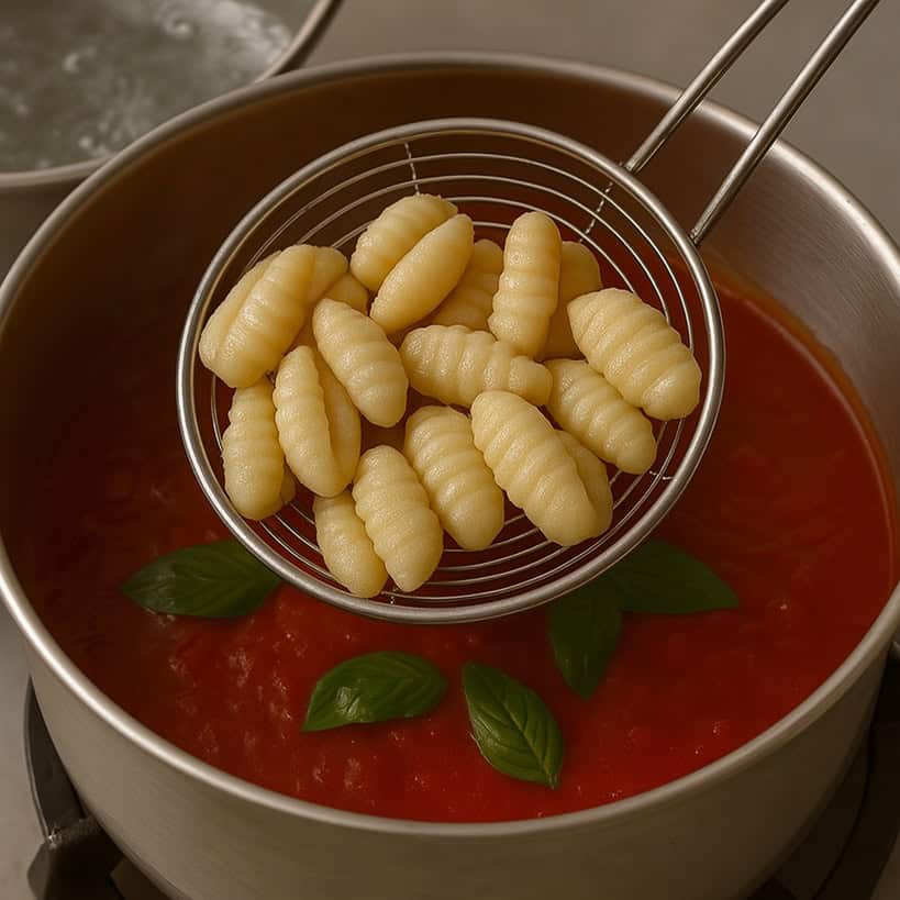 Gnocchi rigati trasferiti con schiumarola in tegame d’acciaio con passata di pomodoro e basilico