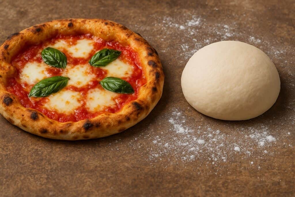 Immagine rettangolare con un Panetto di impasto pizza professionale con affianco una Pizza cotta