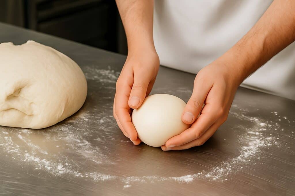 Mani che modellano un panetto di impasto pizza professionale su banco accanto a massa d’impasto liscia