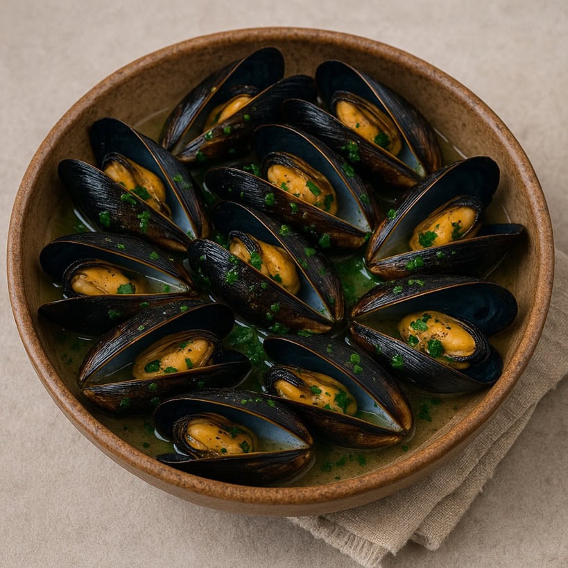 Ciotola rustica con cozze aperte, brodetto e prezzemolo fresco tritato