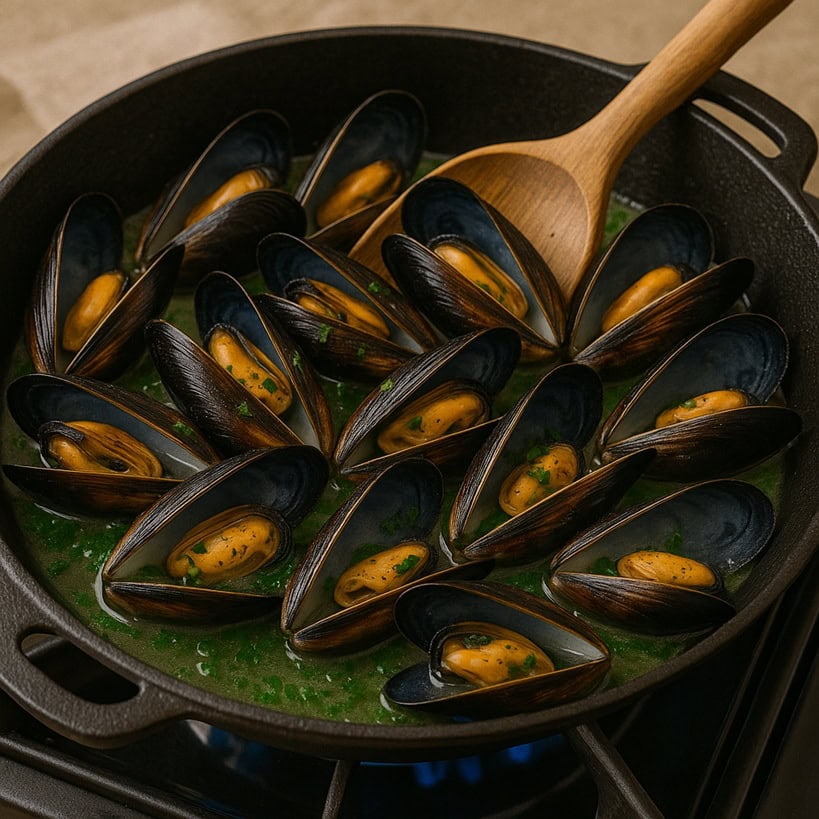 Cozze aperte ordinate in padella di ghisa su fuoco acceso, con prezzemolo e fondo di cottura