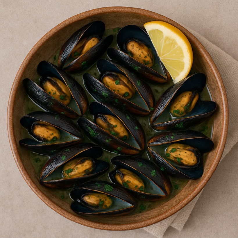 Vista dall’alto di una ciotola rustica con impepata di cozze e spicchio di limone