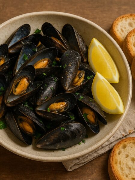 impepata di cozze tradizionale su tavolo di legno