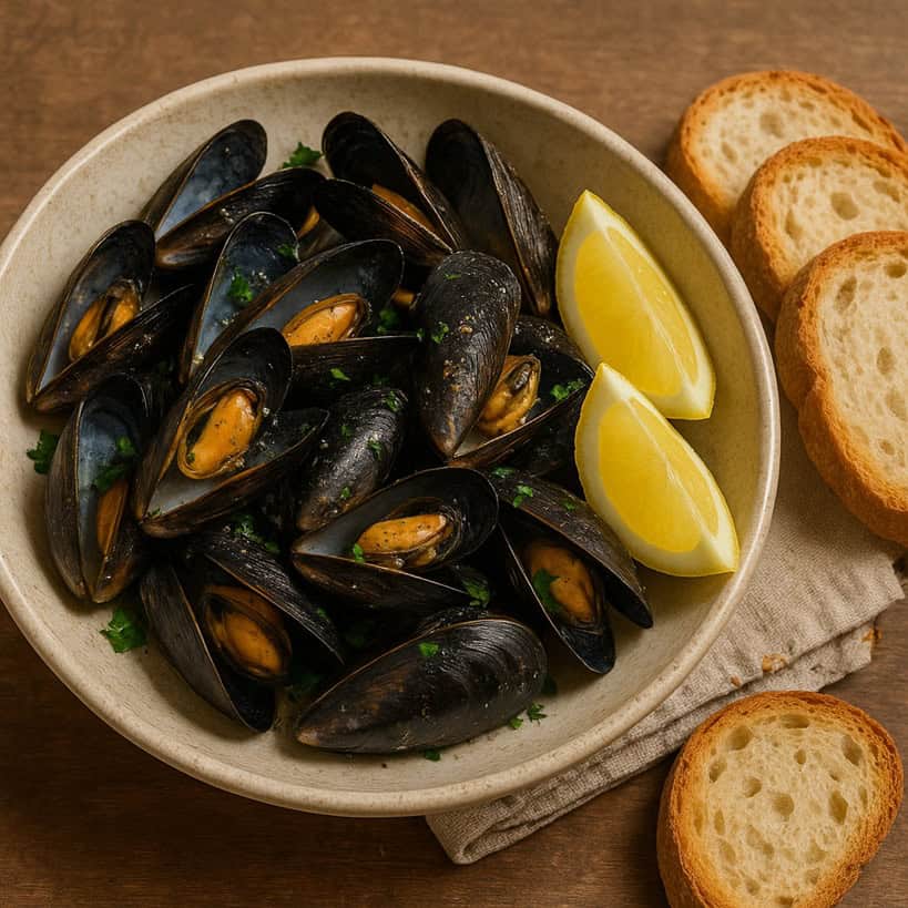 impepata di cozze tradizionale su tavolo di legno