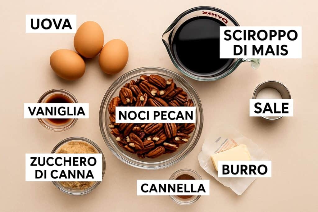 Ingredienti per Pecan Pie disposti orizzontalmente e etichettati in italiano