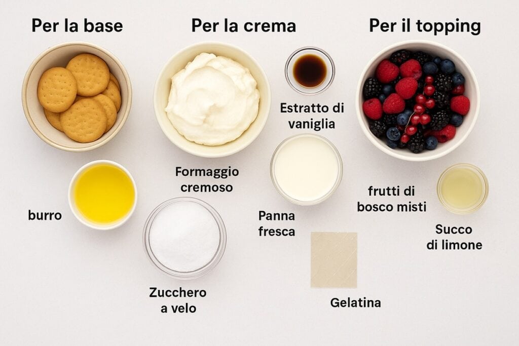 Ingredienti completi per cheesecake ai frutti di bosco