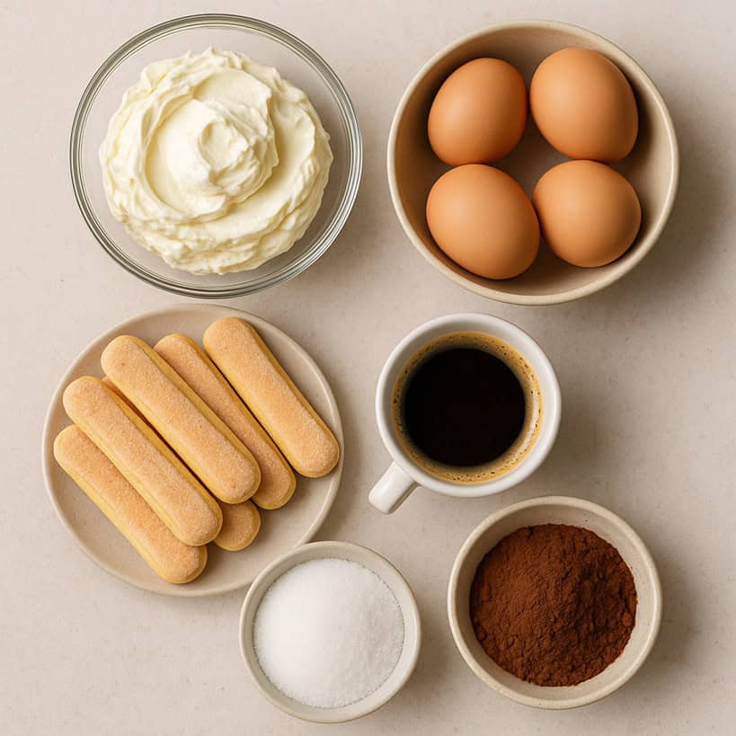 Ingredienti principali del tiramisù disposti su un piano: mascarpone, uova, savoiardi, caffè espresso, zucchero e cacao