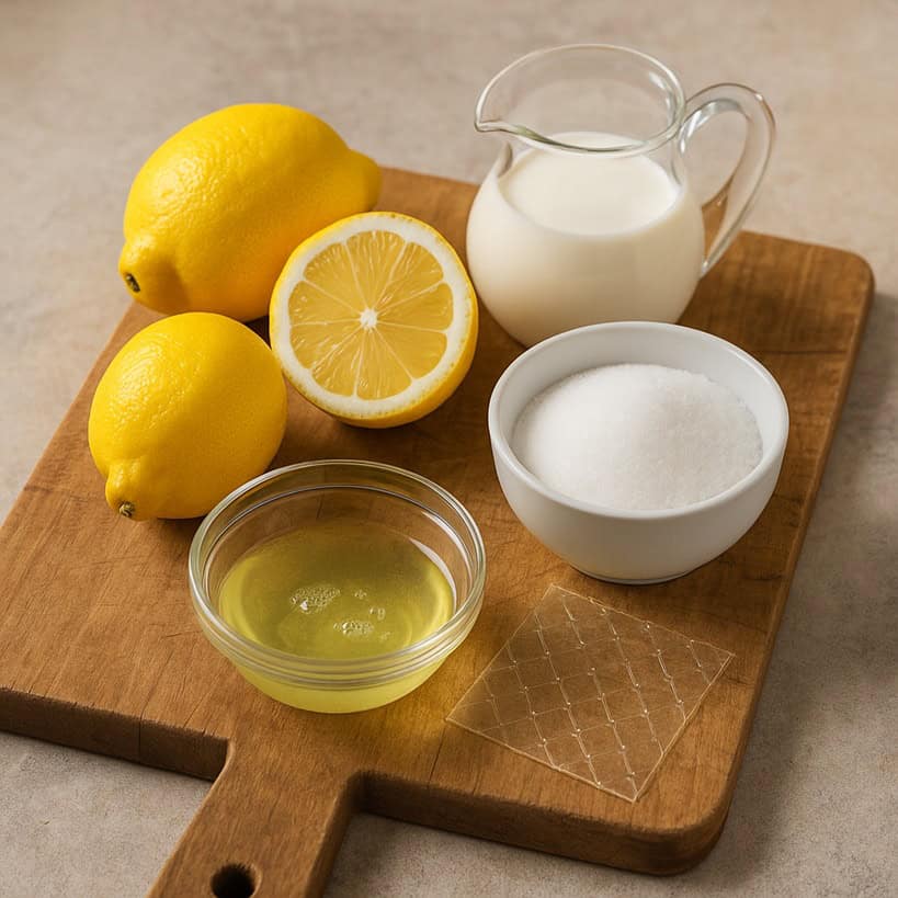 Limoni, panna, albumi separati, zucchero e gelatina su tagliere